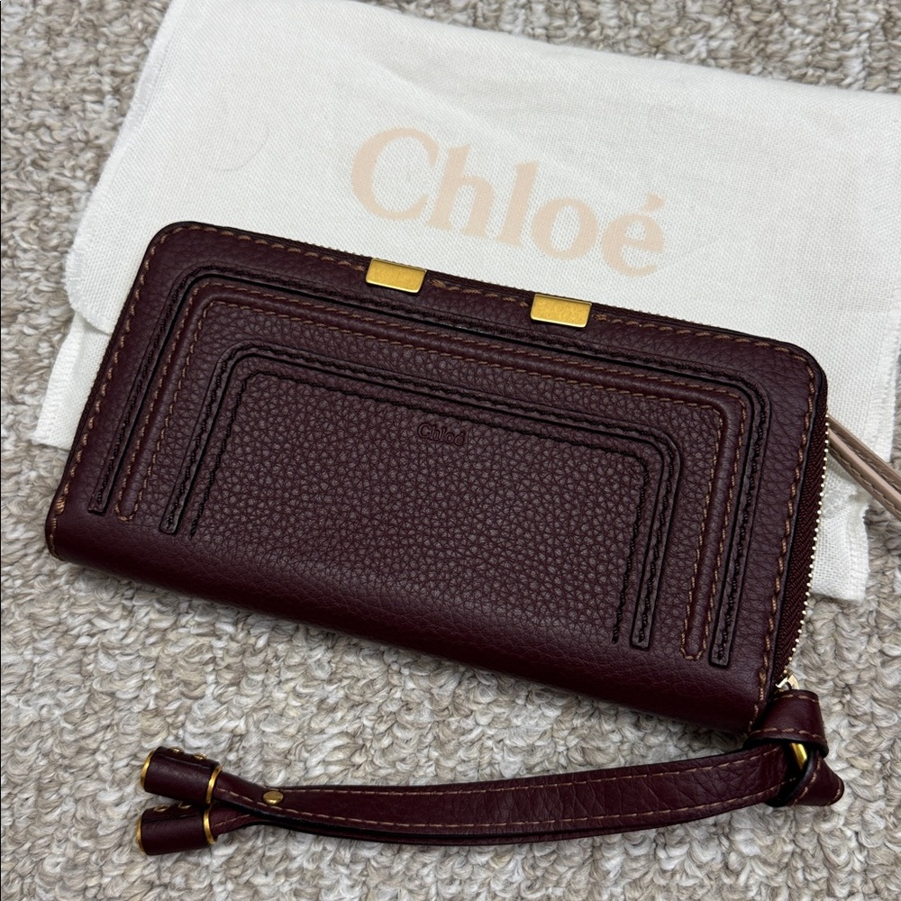 Chloé Maroon Leather Zip Around Wallet Wristlet with Gold Hardware
